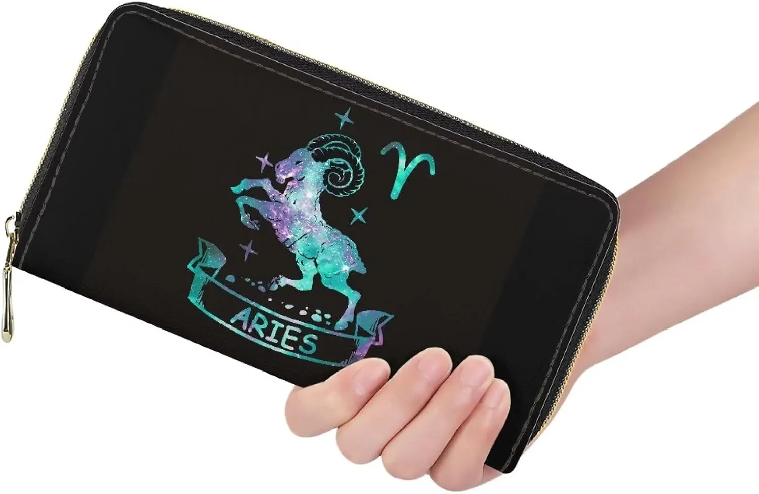 Ladies Purse with Zipper Stylish Credit Card Holder Slim Travel Wallet with Large Capacity Aries Zodiac Pattern Astral Print Cyan
