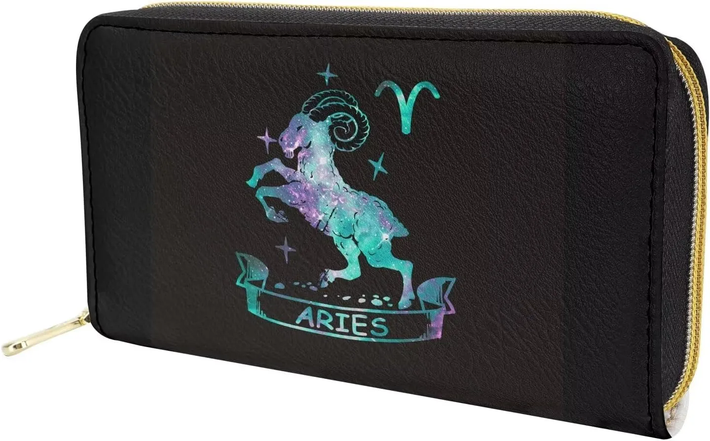 Ladies Purse with Zipper Stylish Credit Card Holder Slim Travel Wallet with Large Capacity Aries Zodiac Pattern Astral Print Cyan