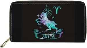 Ladies Purse with Zipper Stylish Credit Card Holder Slim Travel Wallet with Large Capacity Aries Zodiac Pattern Astral Print Cyan