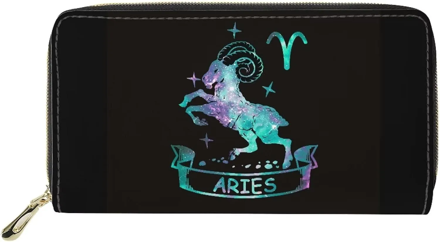 Ladies Purse with Zipper Stylish Credit Card Holder Slim Travel Wallet with Large Capacity Aries Zodiac Pattern Astral Print Cyan