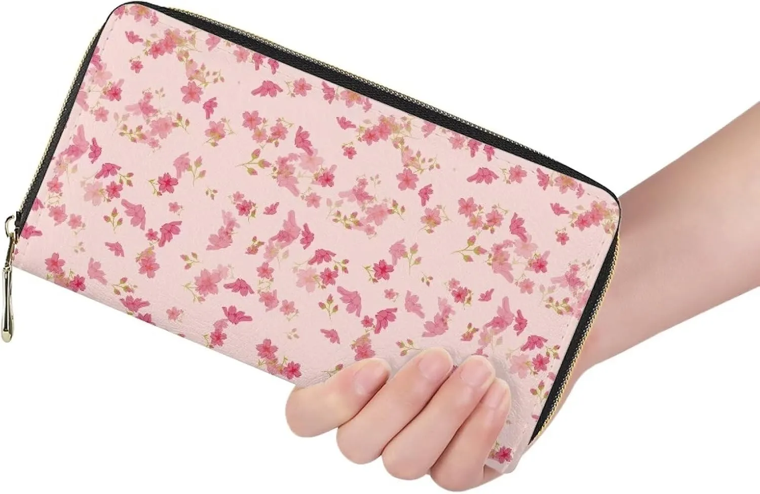 Ladies Wallet Travel Clutch Purse Casual Money Organizer with Zipper Slim Essential Pouch Tiny Floral Print Pink