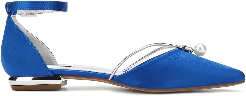 Lady Elegant Pointed Toe Satin Dress Flats Shoes with Pearl and Crystals