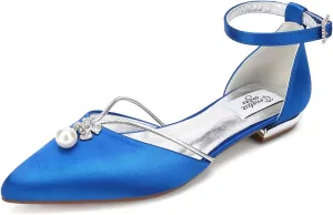 Lady Elegant Pointed Toe Satin Dress Flats Shoes with Pearl and Crystals