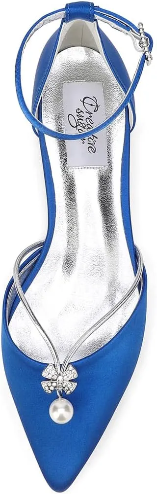 Lady Elegant Pointed Toe Satin Dress Flats Shoes with Pearl and Crystals