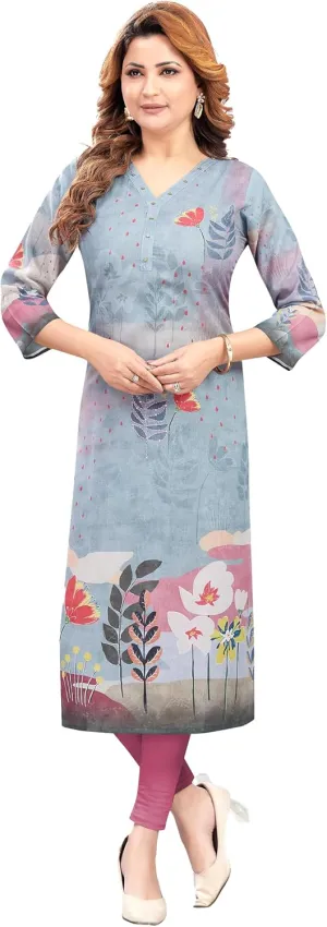 ladyline Rayon Cotton Long Tunic Top - Digital Printed Kantha Hand work Kurti Kurta