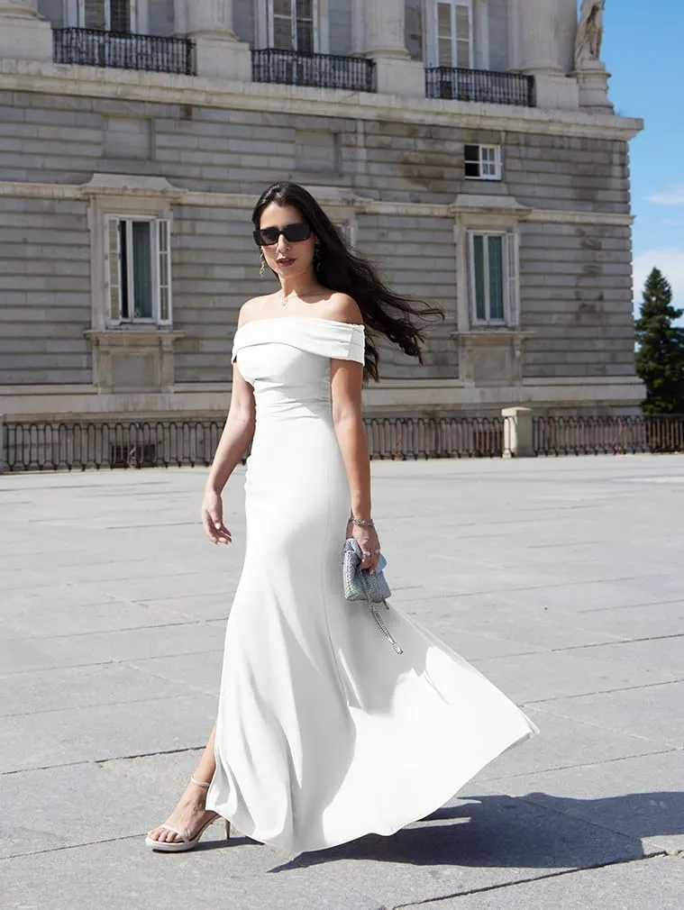 LAGSHIAN Women's Elegant Bodycon Off Shoulder Sleeveless High Split Ruched Long Formal Evening Dress