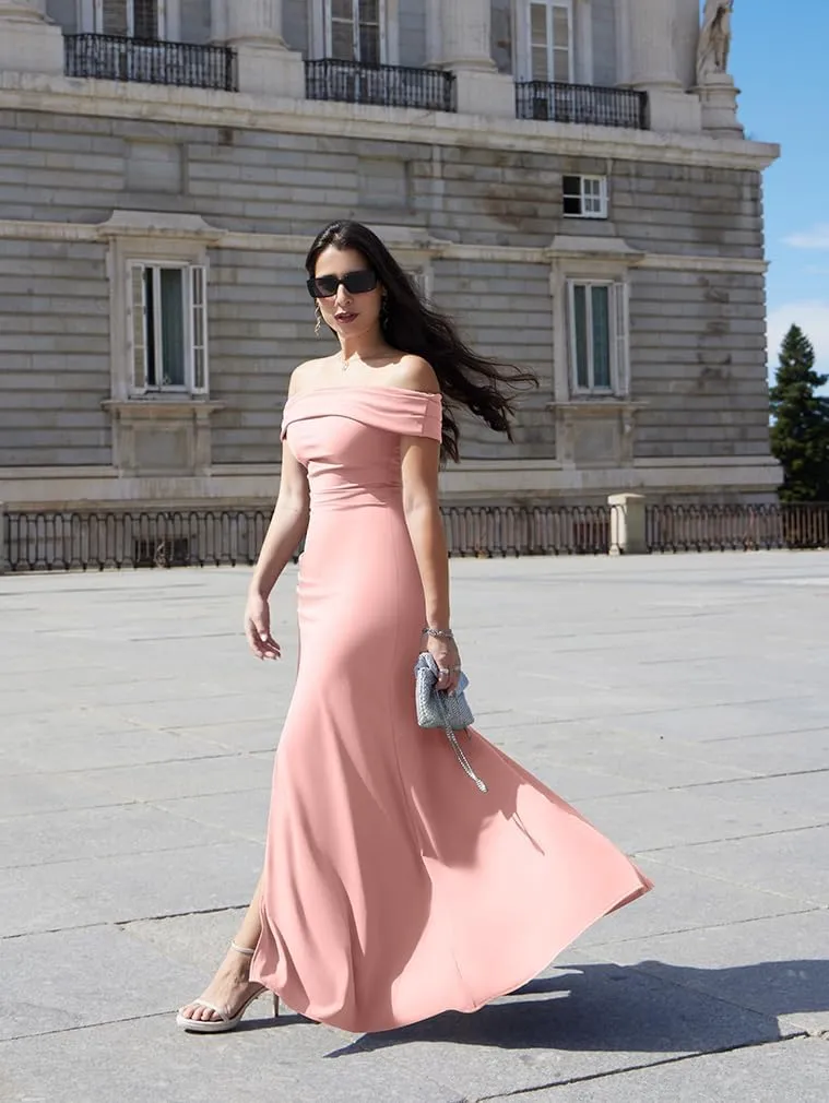 LAGSHIAN Women's Elegant Bodycon Off Shoulder Sleeveless High Split Ruched Long Formal Evening Dress
