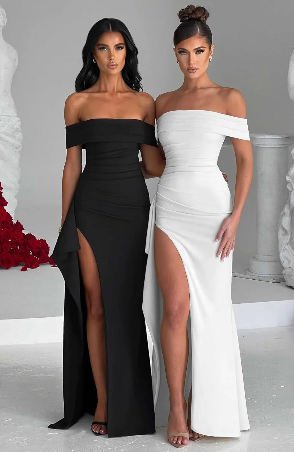 LAGSHIAN Women's Elegant Bodycon Off Shoulder Sleeveless High Split Ruched Long Formal Evening Dress