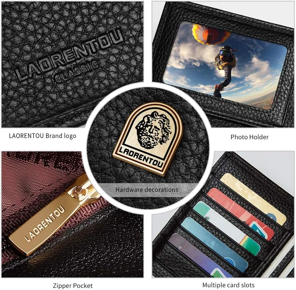LAORENTOU Genuine Leather Wallet for Men: Bifold with Zipper Coin Pocket, RFID Protected, Slim, Black