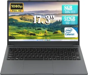 Laptop Computer, 17 inch Laptop, Intel Celeron N5095(UP to 2.9GHz) 8GB RAM 512GB SSD, Computers with Windows 11, 1920 x 1080 Display, Type-C, Webcam, Dual Wi-Fi, Buletooth 4.2, HDMI, USB 3.0