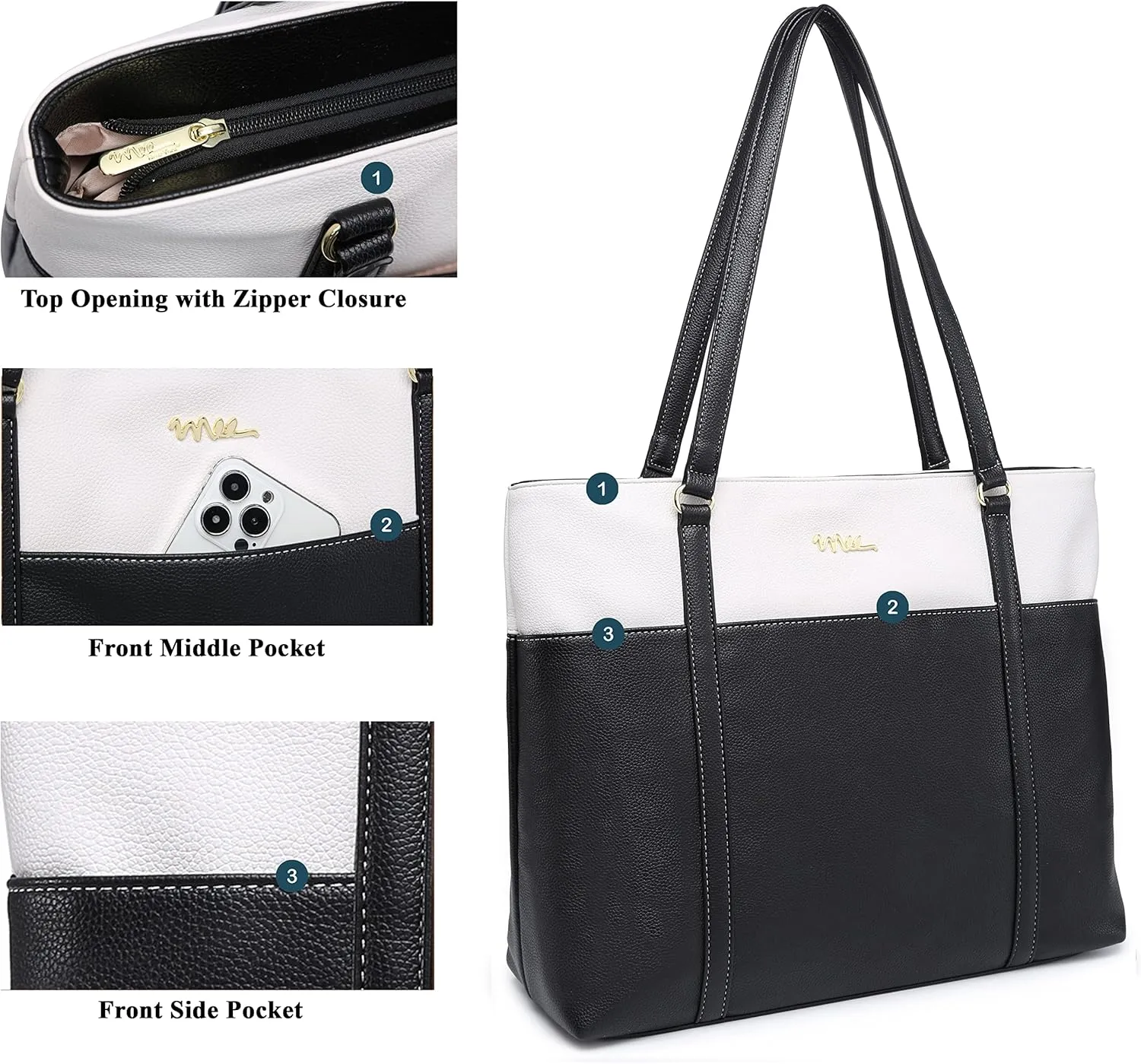 Laptop Leather Tote Bag for 15.6 inch Notebook Travel Work Carrying Bag with Smart Trolley Strap Design - Black