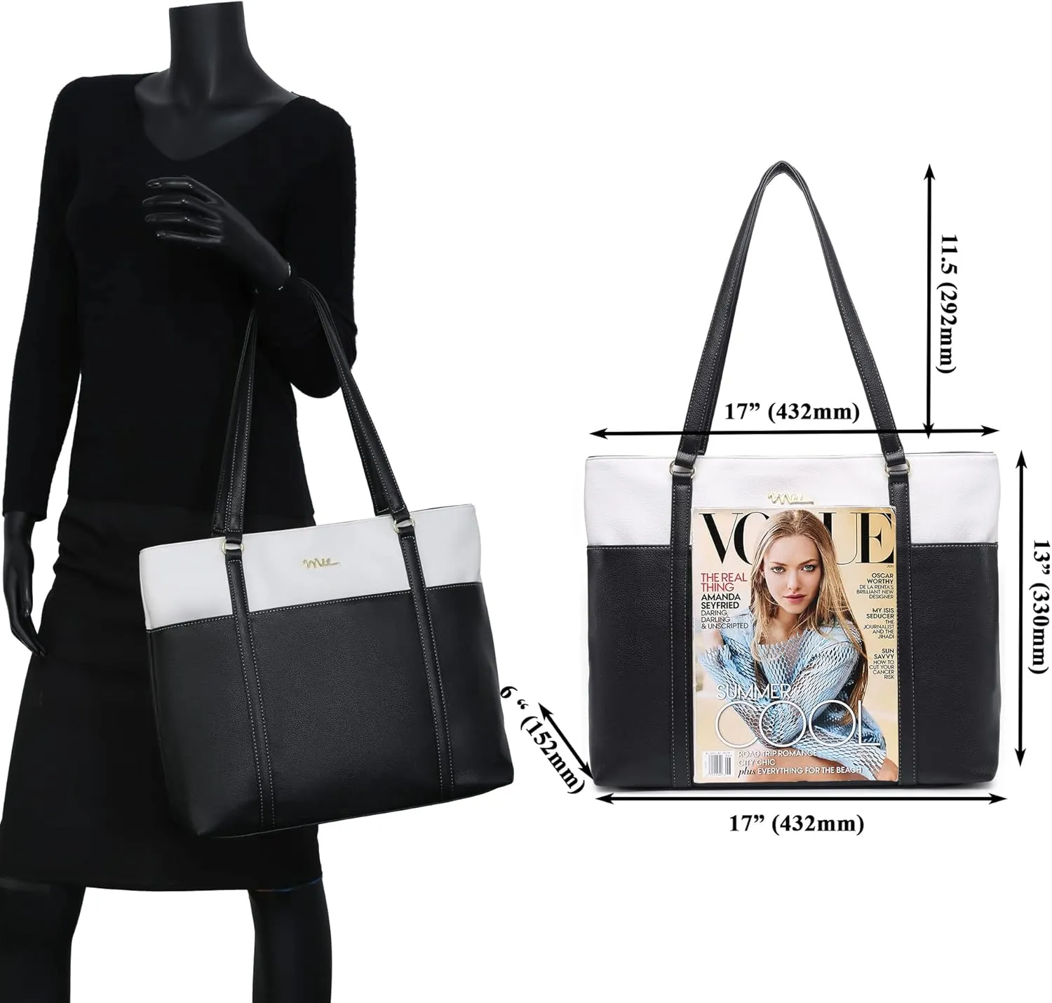 Laptop Leather Tote Bag for 15.6 inch Notebook Travel Work Carrying Bag with Smart Trolley Strap Design - Black