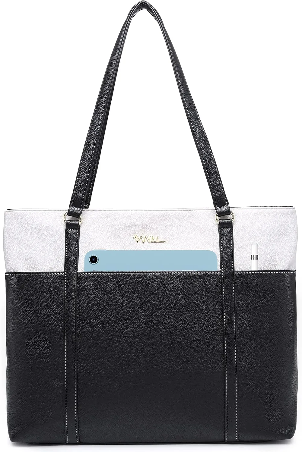Laptop Leather Tote Bag for 15.6 inch Notebook Travel Work Carrying Bag with Smart Trolley Strap Design - Black