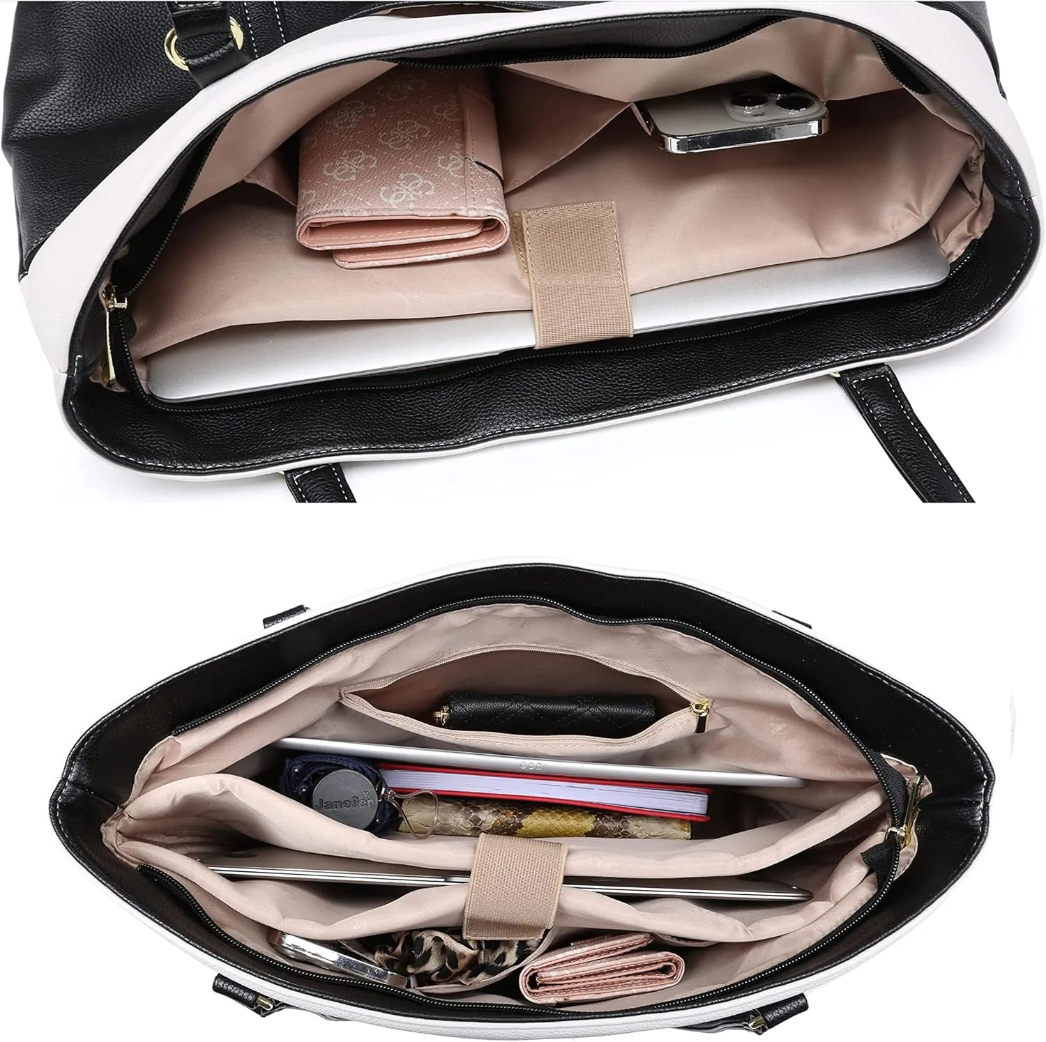 Laptop Leather Tote Bag for 15.6 inch Notebook Travel Work Carrying Bag with Smart Trolley Strap Design - Black