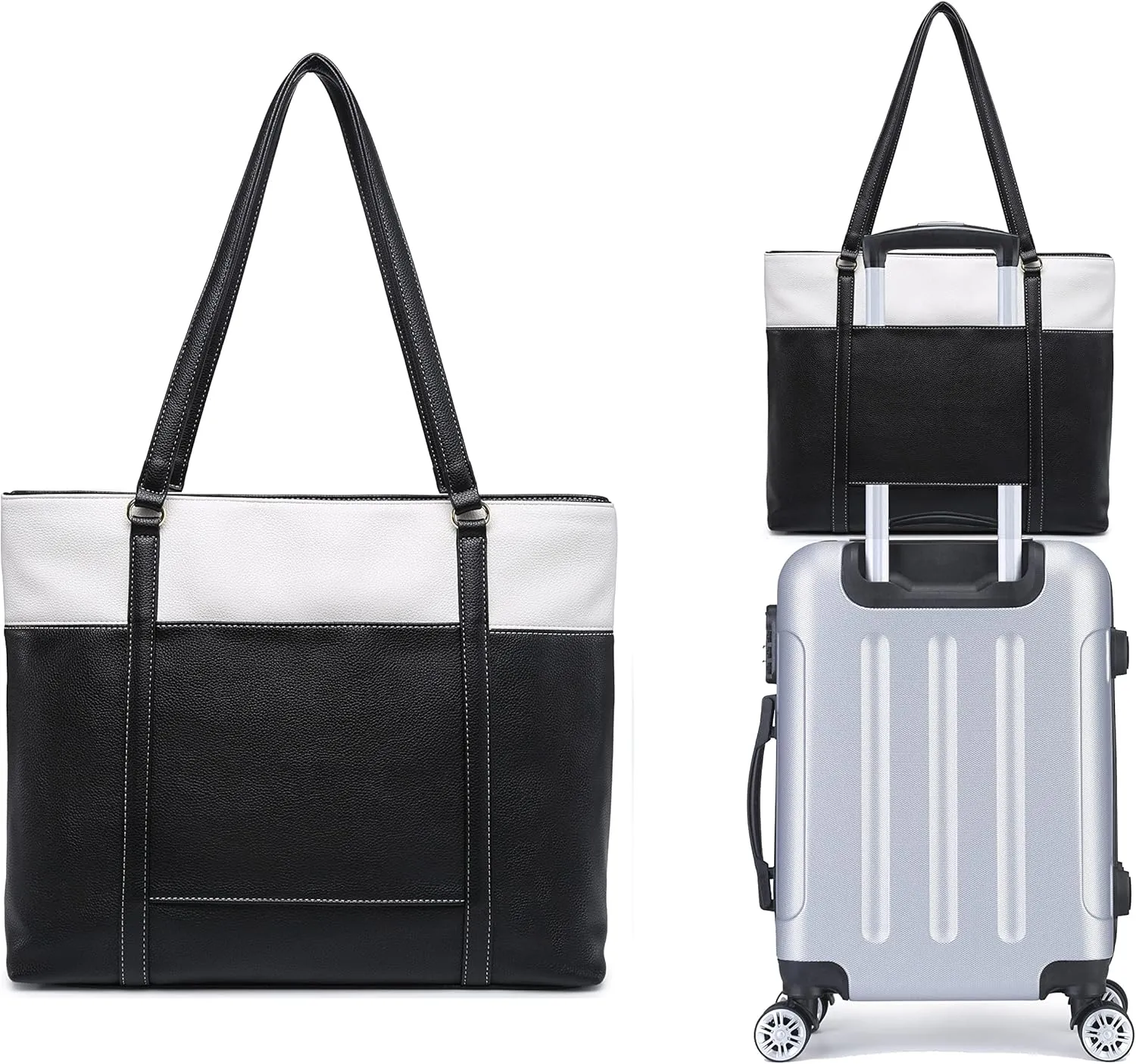 Laptop Leather Tote Bag for 15.6 inch Notebook Travel Work Carrying Bag with Smart Trolley Strap Design - Black