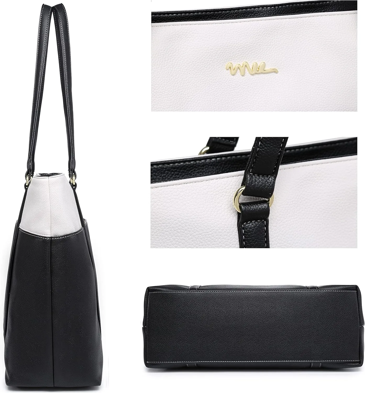 Laptop Leather Tote Bag for 15.6 inch Notebook Travel Work Carrying Bag with Smart Trolley Strap Design - Black