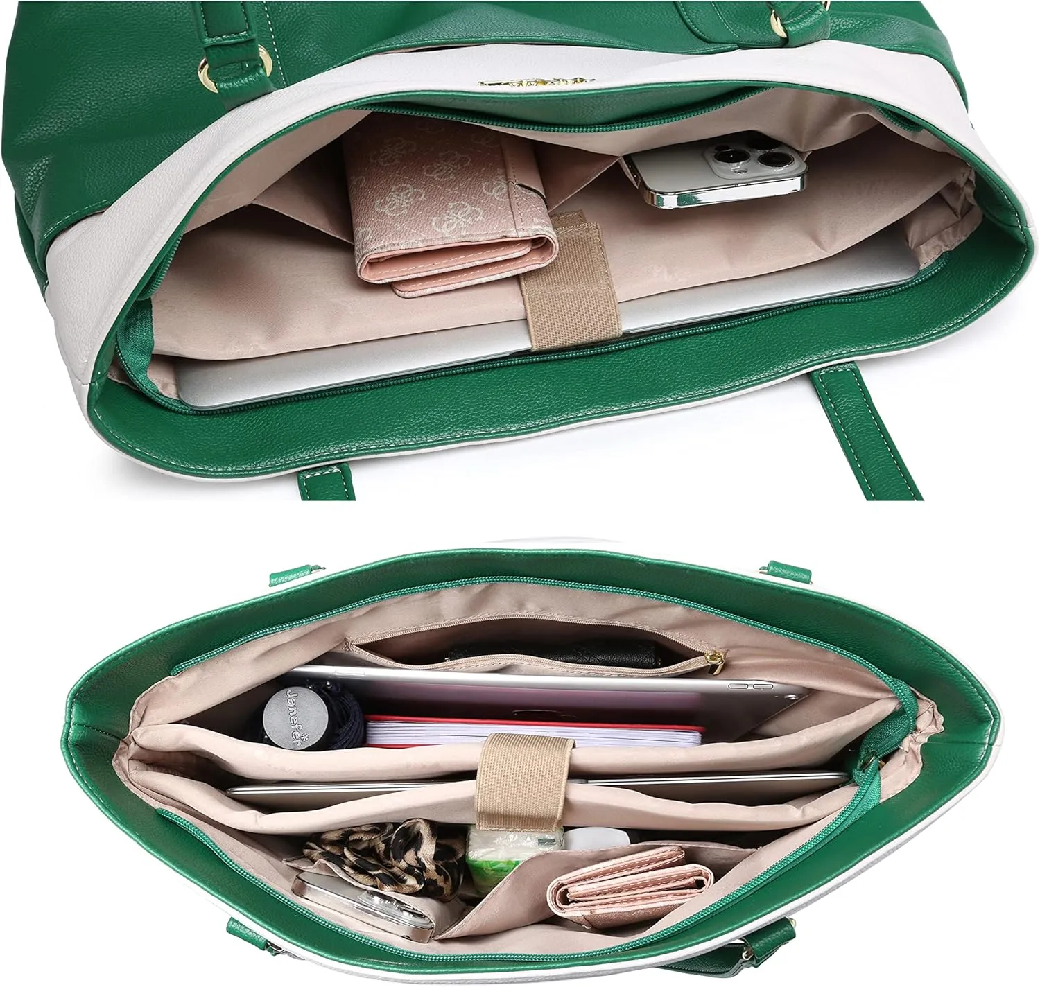 Laptop Leather Tote Bag for 15.6 inch Notebook Travel Work Carrying Bag with Smart Trolley Strap Design - Green
