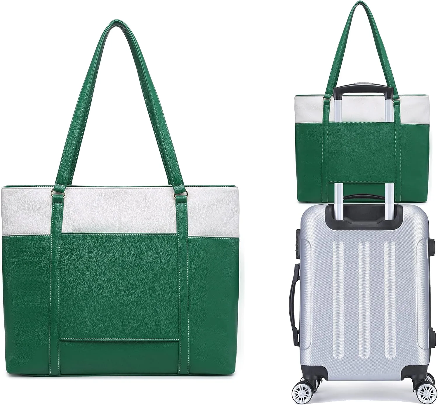 Laptop Leather Tote Bag for 15.6 inch Notebook Travel Work Carrying Bag with Smart Trolley Strap Design - Green