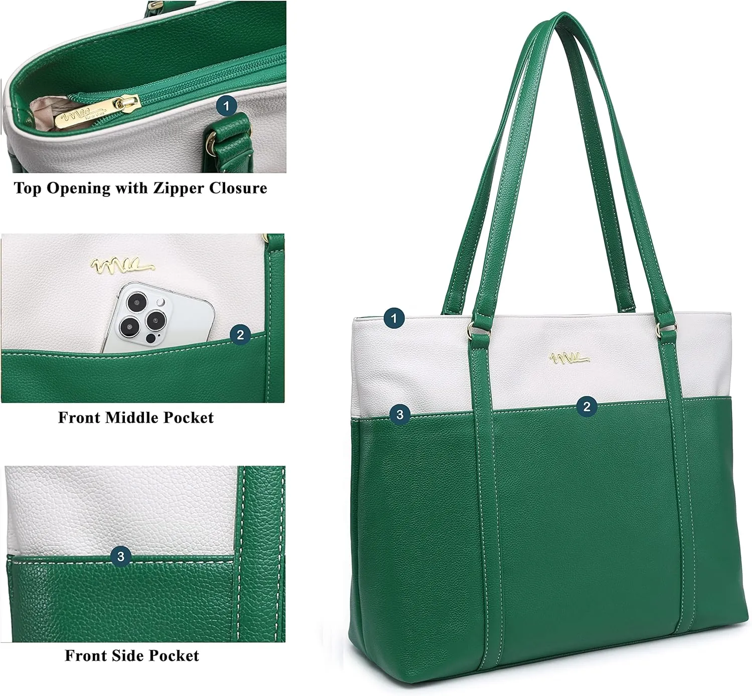 Laptop Leather Tote Bag for 15.6 inch Notebook Travel Work Carrying Bag with Smart Trolley Strap Design - Green