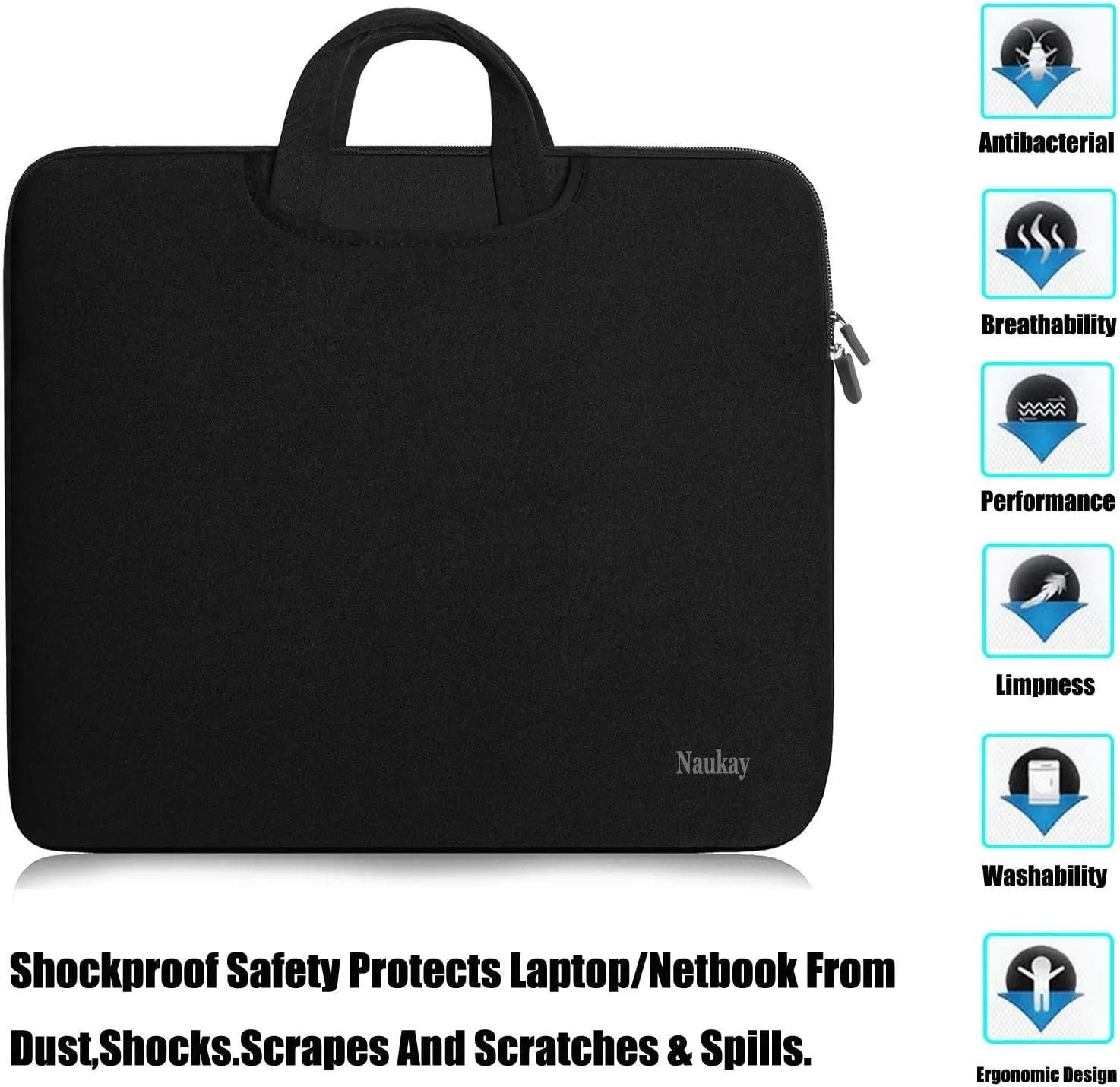 Laptop Sleeve Bag 17 inch, Resistant Neoprene Laptop Sleeve with Handle/Notebook Computer Protective Case Cover/Ultrabook Briefcase Carrying Bag for 17 15.6 Inch Laptop, Computer, Tablet - Black
