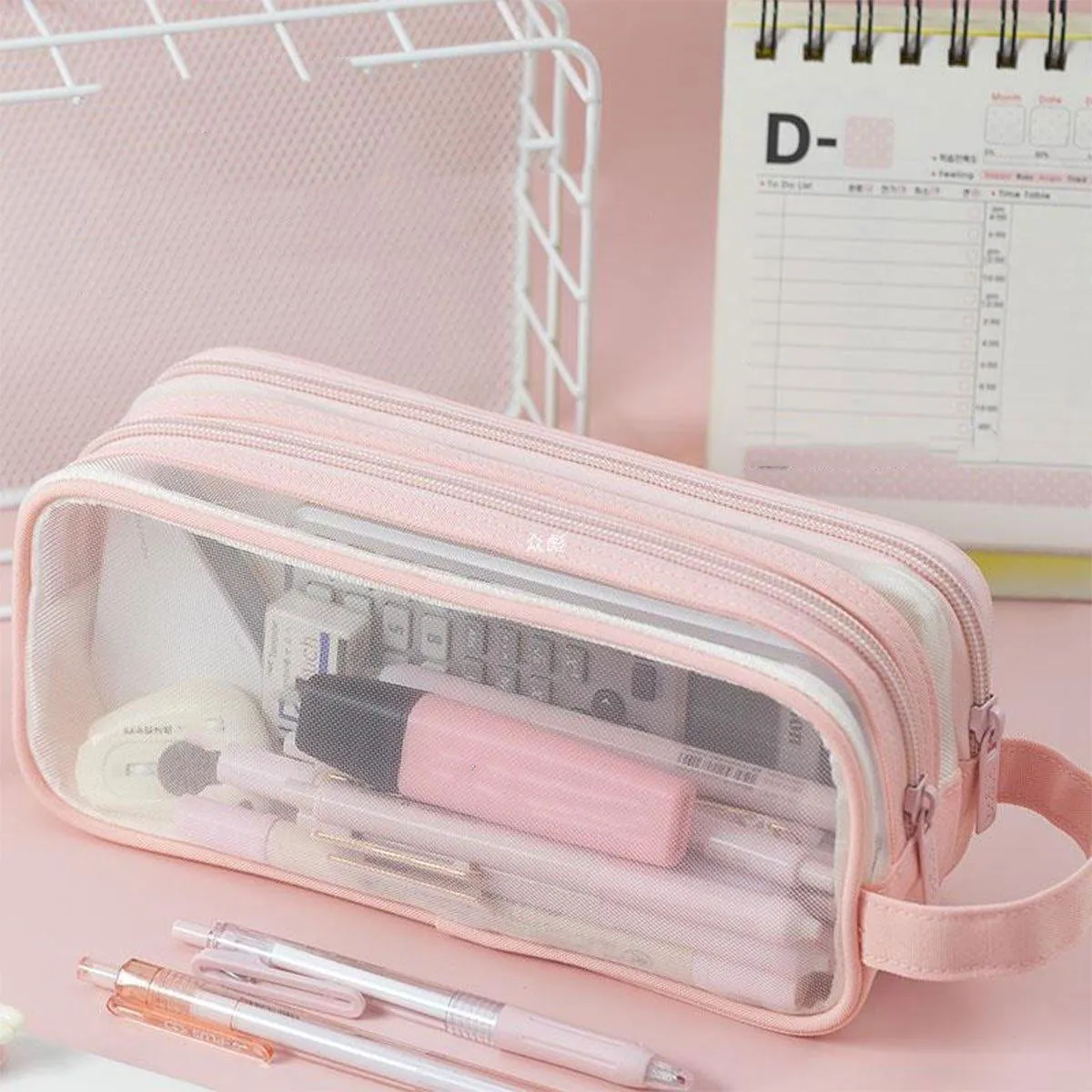 Large Capacity Transparent Mesh Pencil Case School Exam Stationery Bag Boy Girl