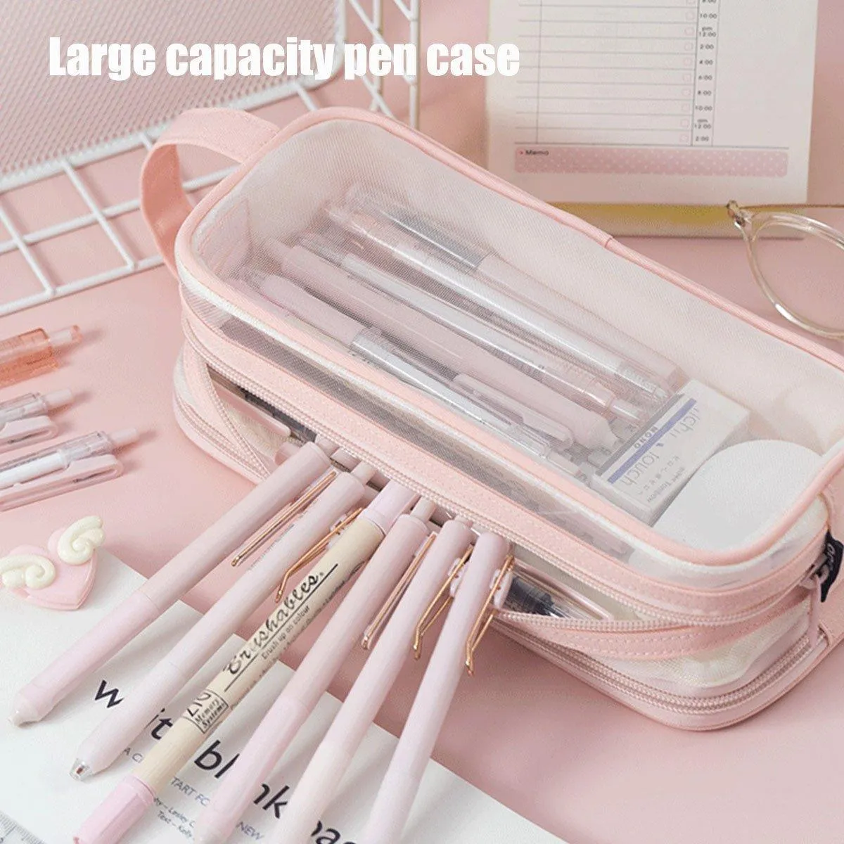 Large Capacity Transparent Mesh Pencil Case School Exam Stationery Bag Boy Girl