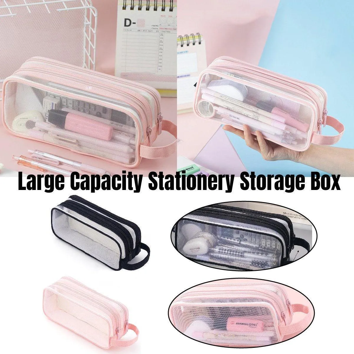 Large Capacity Transparent Mesh Pencil Case School Exam Stationery Bag Boy Girl