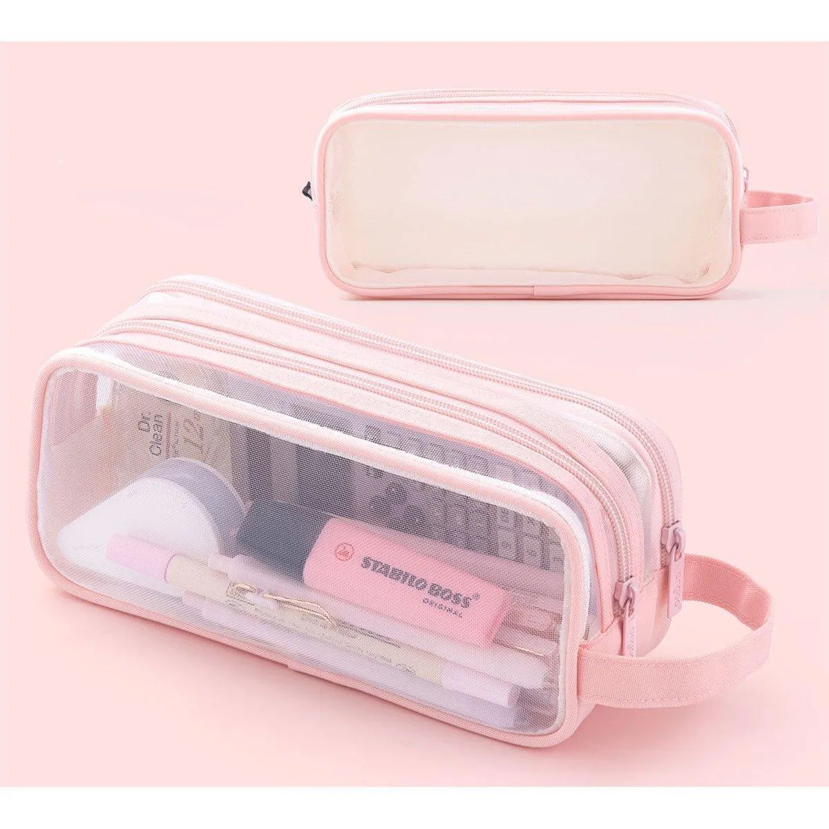 Large Capacity Transparent Mesh Pencil Case School Exam Stationery Bag Boy Girl