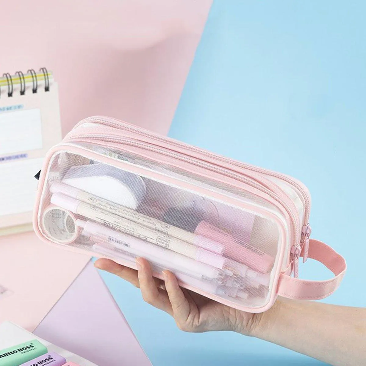 Large Capacity Transparent Mesh Pencil Case School Exam Stationery Bag Boy Girl
