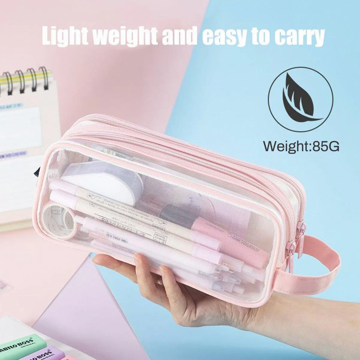 Large Capacity Transparent Mesh Pencil Case School Exam Stationery Bag Boy Girl