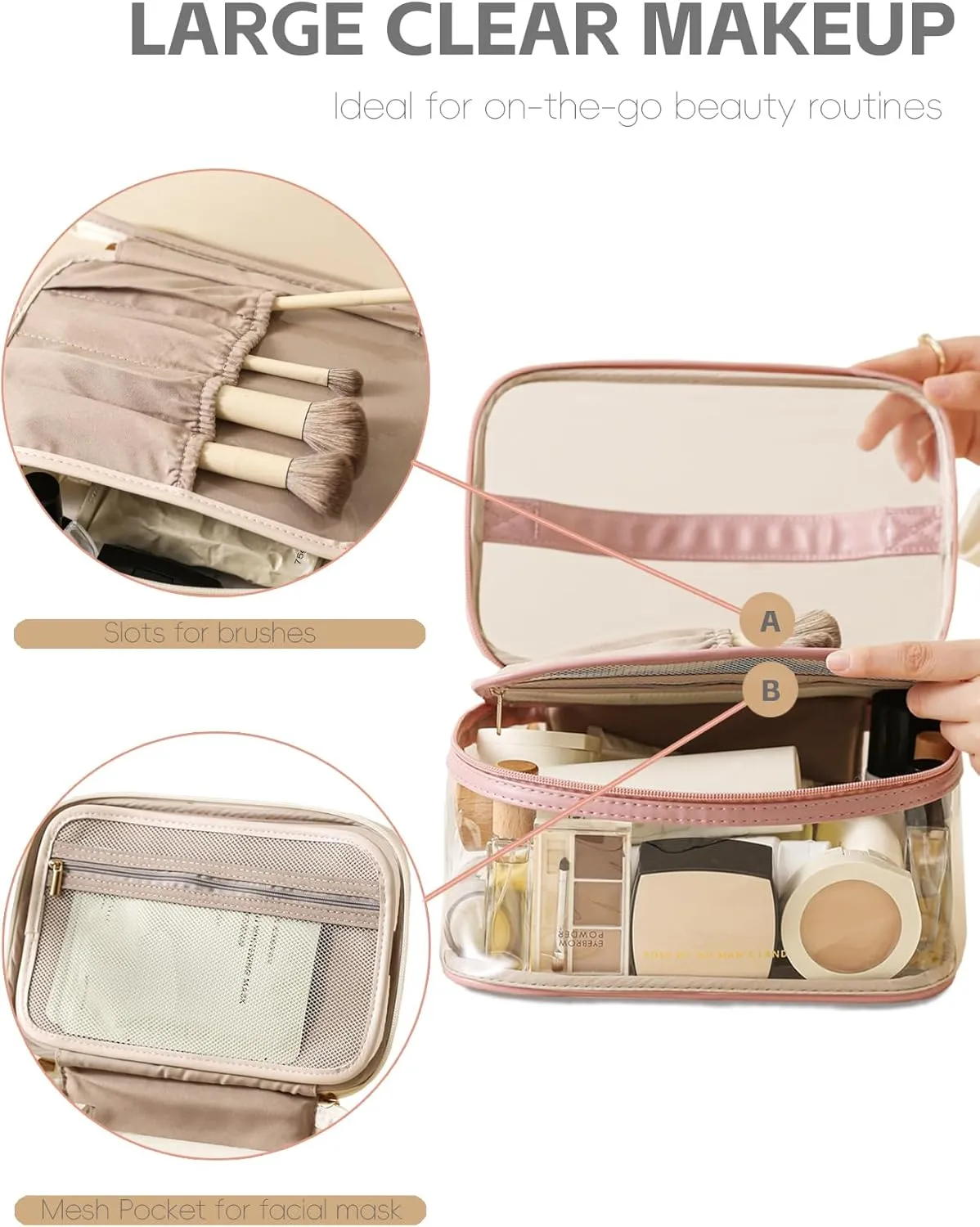 Large Clear Makeup Bag Big Cosmetic Bags Waterproof Toiletry Orangizer with Handle Transparent Toiletries Case Travel Pouch for Women Girls Daily Beauty Purse Essentials Skincare Bag Brown