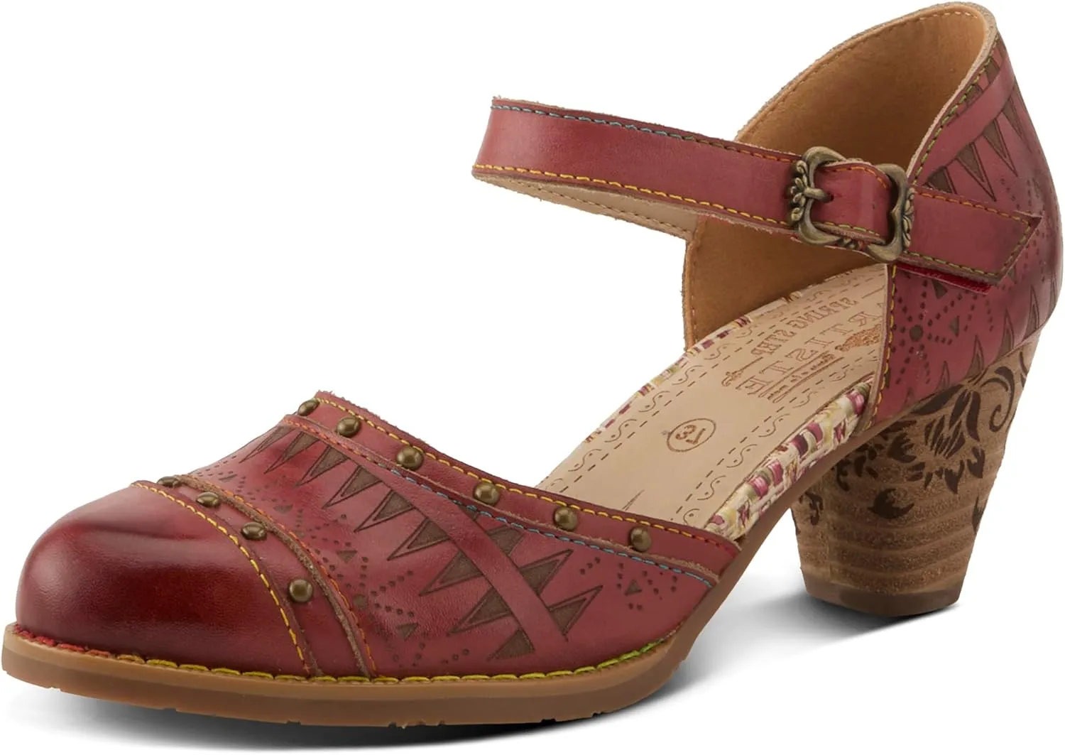 L'Artiste Women's NIOBELLA Hand-Painted Hook-and-Loop Mary Jane – Geometric Design, Decorative Buckle, Faux Stacked Heel