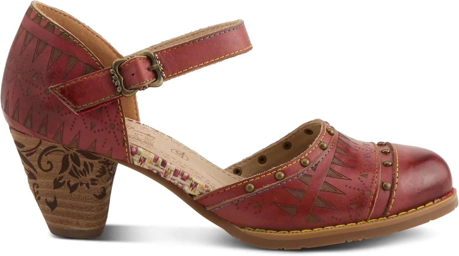 L'Artiste Women's NIOBELLA Hand-Painted Hook-and-Loop Mary Jane – Geometric Design, Decorative Buckle, Faux Stacked Heel