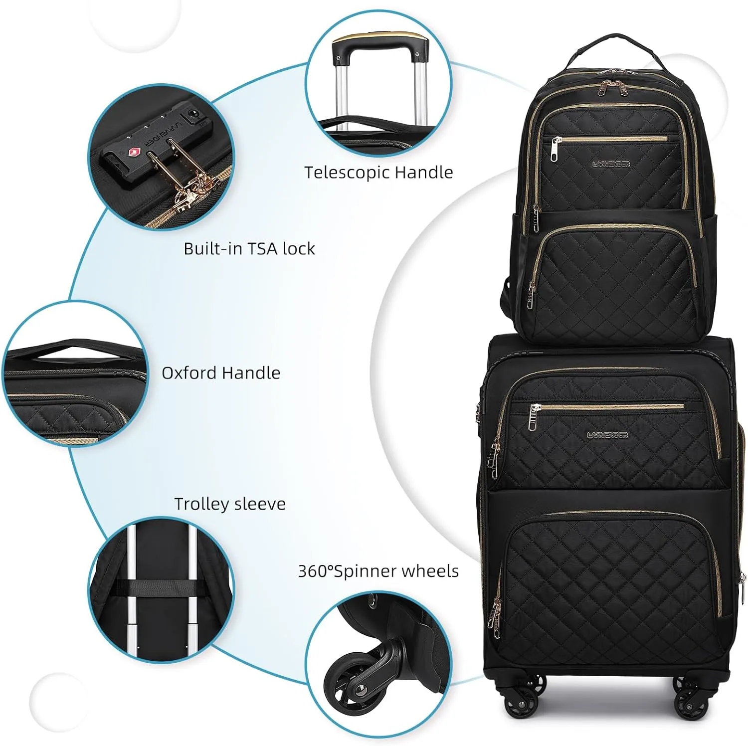 LARVENDER Softside Carry On Luggage 4 Piece, Expandable Carry On Luggage 22x14x9 Airline Approved Underseat Suitcase with Spinner Wheels TSA Lock, Black (16/20/BP/TB)