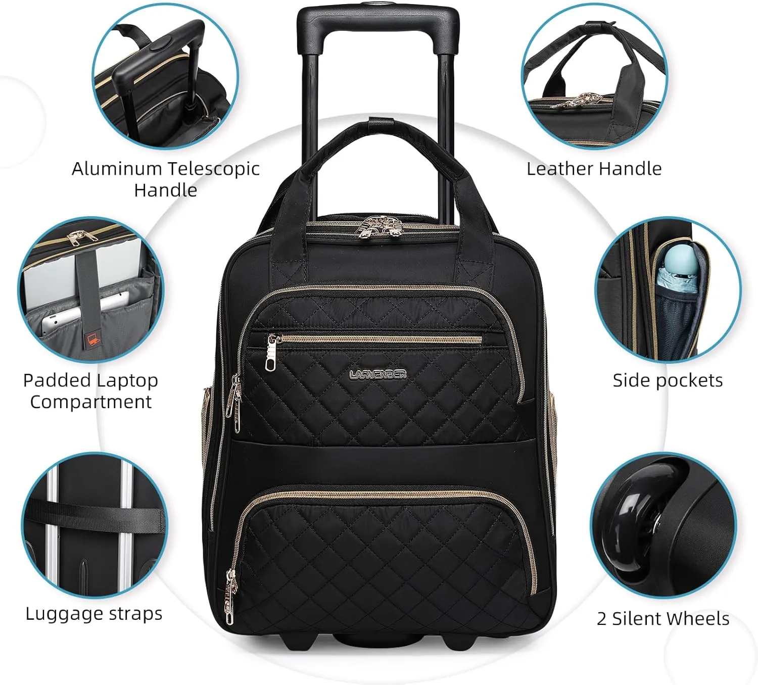 LARVENDER Softside Carry On Luggage 4 Piece, Expandable Carry On Luggage 22x14x9 Airline Approved Underseat Suitcase with Spinner Wheels TSA Lock, Black (16/20/BP/TB)