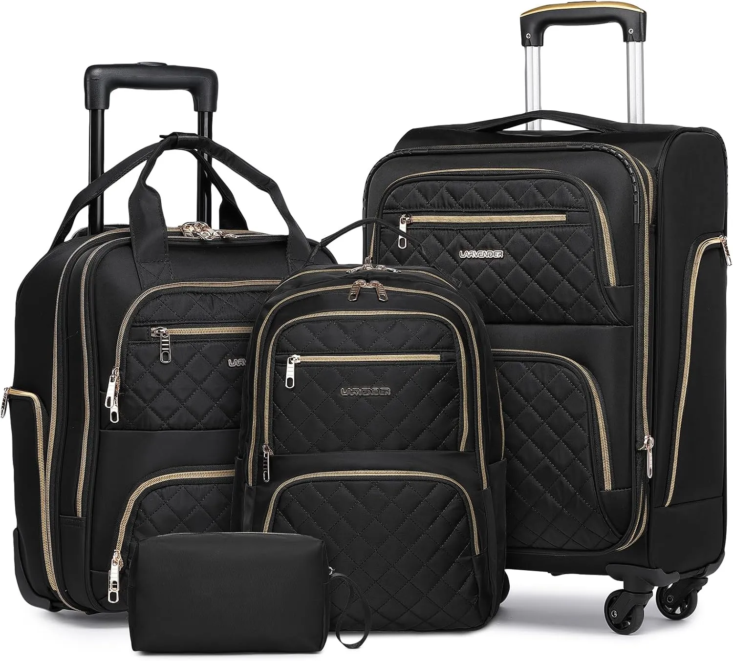 LARVENDER Softside Carry On Luggage 4 Piece, Expandable Carry On Luggage 22x14x9 Airline Approved Underseat Suitcase with Spinner Wheels TSA Lock, Black (16/20/BP/TB)