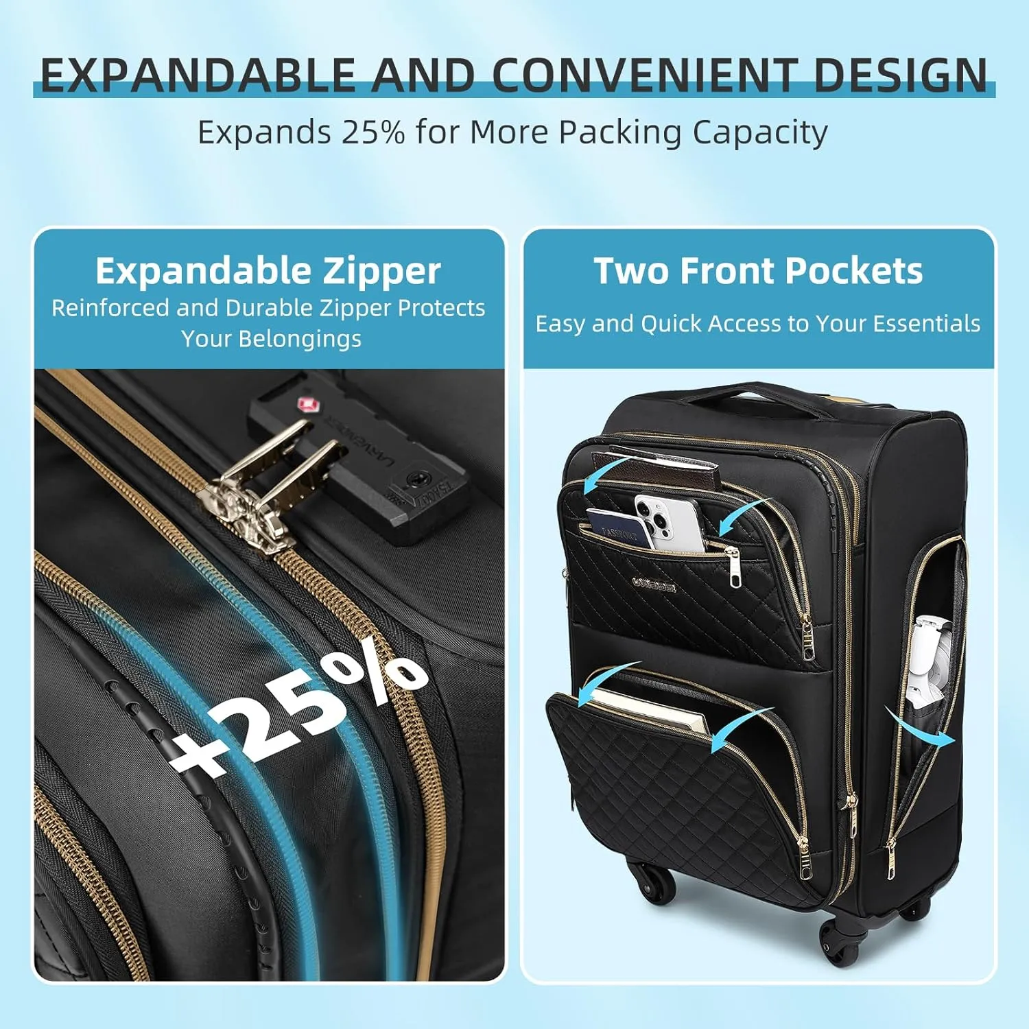 LARVENDER Softside Carry On Luggage 4 Piece, Expandable Carry On Luggage 22x14x9 Airline Approved Underseat Suitcase with Spinner Wheels TSA Lock, Black (16/20/BP/TB)