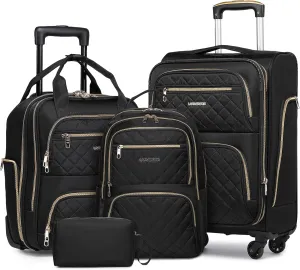 LARVENDER Softside Carry On Luggage 4 Piece, Expandable Carry On Luggage 22x14x9 Airline Approved Underseat Suitcase with Spinner Wheels TSA Lock, Black (16/20/BP/TB)