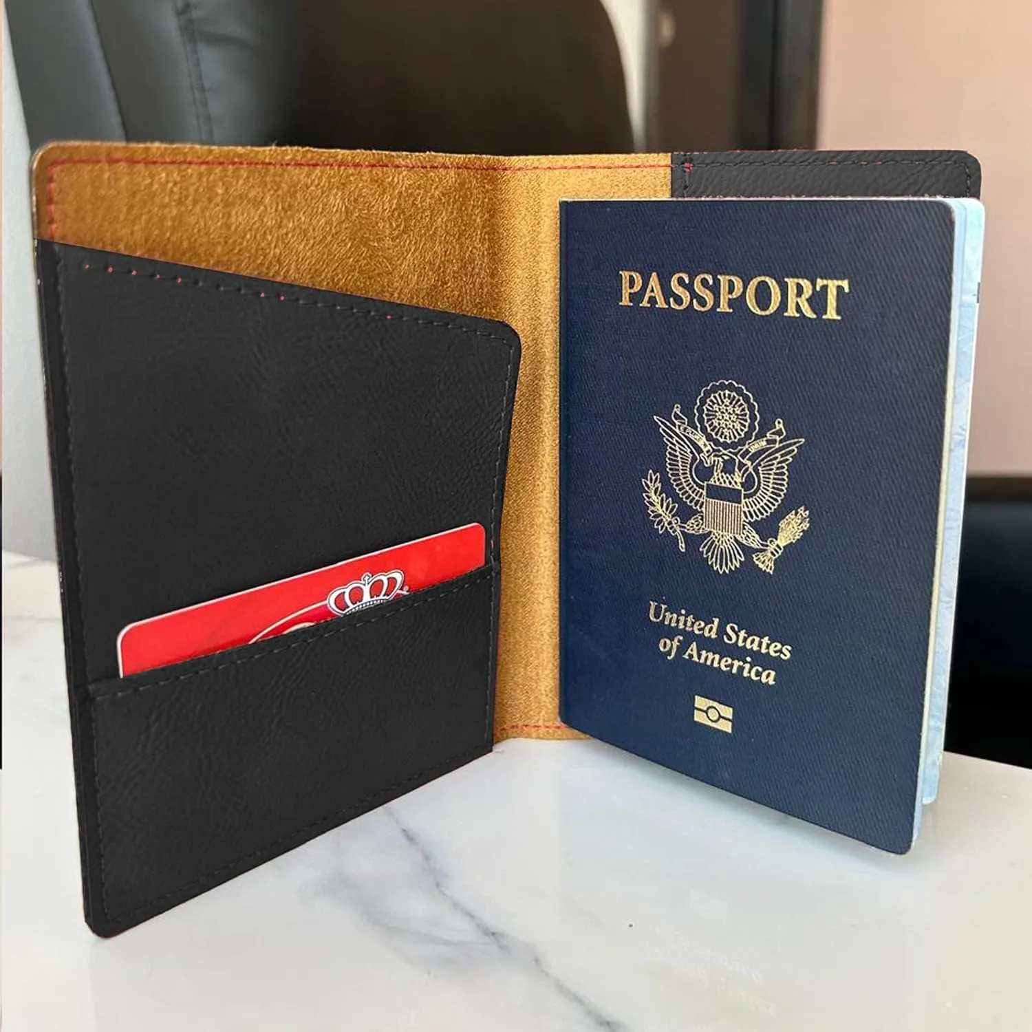 LaserGram Faux Leather Passport Holder, Keep Calm and Dance On, Personalized Engraving Included (Black with Gold)