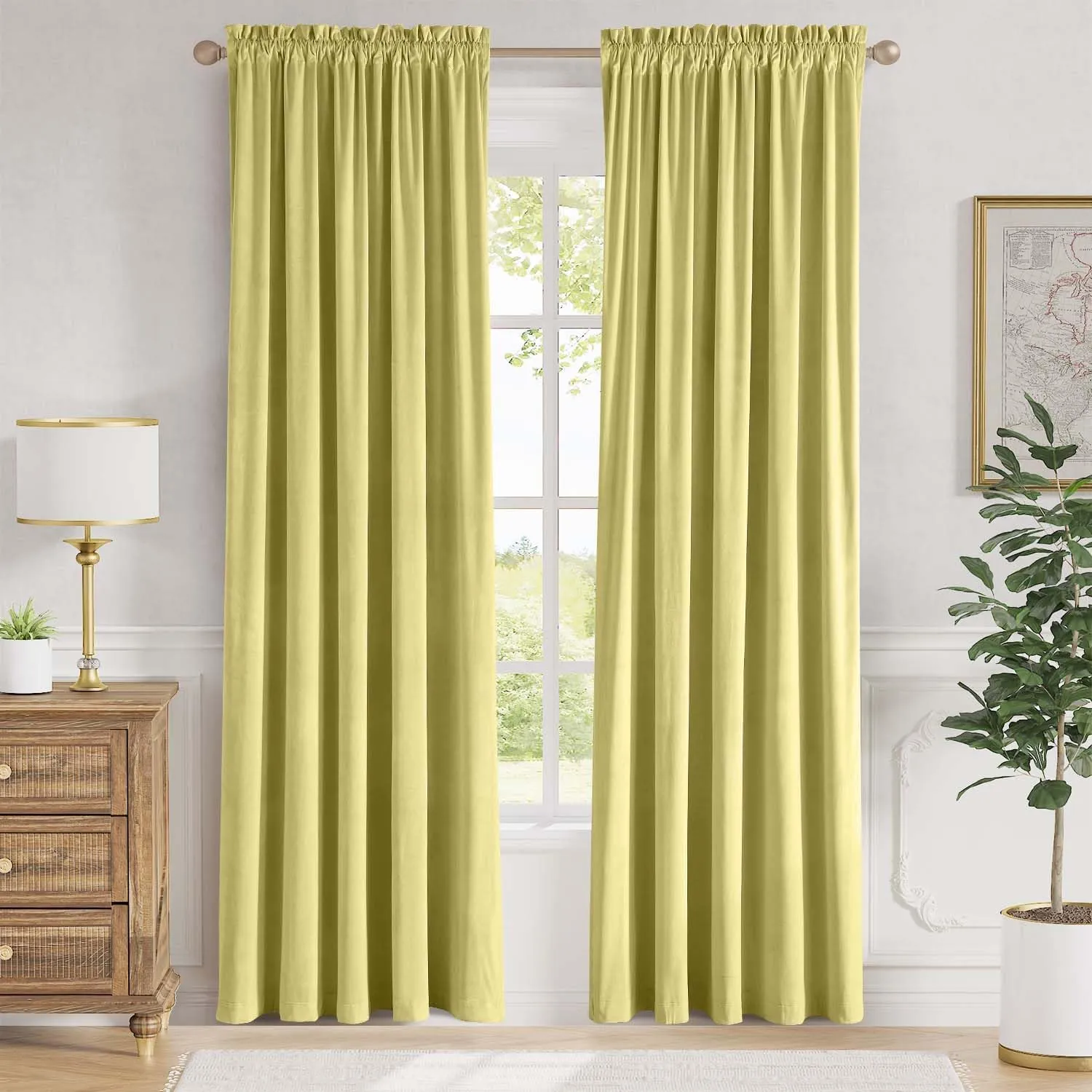 Lazzzy Light Green Velvet Blackout Curtains 84 Inches Long Thermal Insulated Drapes for Bedroom Living Room Darkening Window Treatments Rod Pocket 2 Panels, Citron