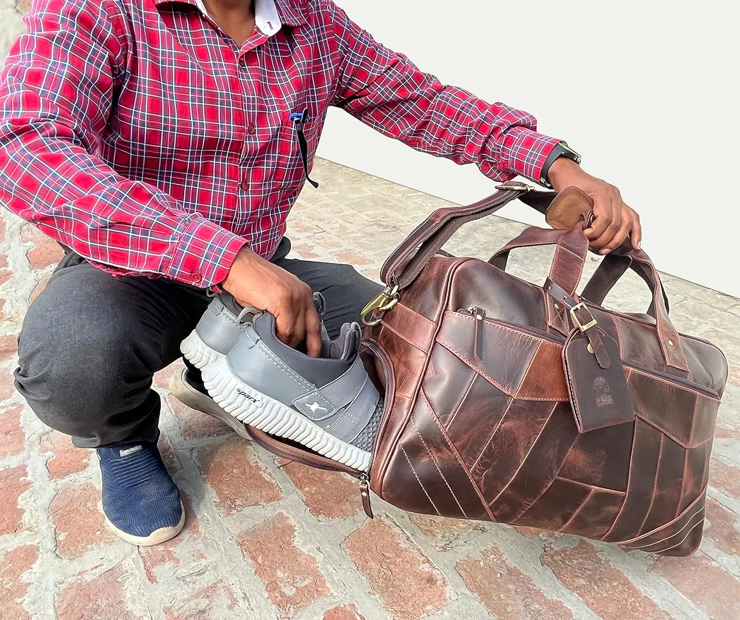 Leather Duffle Bag for Men - Travel Overnight Weekender Bag with 2 Shoe Compartment - Airplane Underseat Carry On Duffel Bag