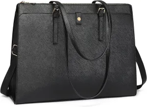 Leather Laptop Tote Bag for Women 15.6 Inch Computer Briefcase - Waterproof Large Capacity Classy Business Tote for Work - Black