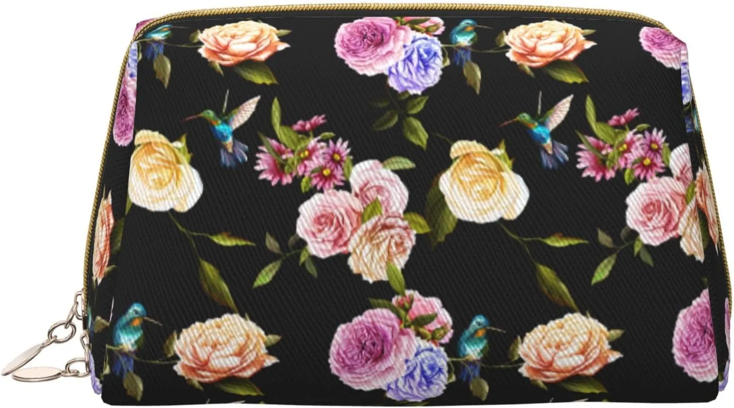 Leather Makeup Bag, Carnation Hummingbird Black Cosmetic Bags Travel Toiletry Bag for Women, Make up Bag, Large Capacity Makeup Bag Organizer, Cute Makeup Pouch Makeup Case