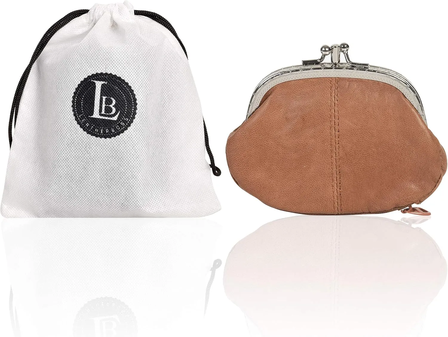 LeatherBoss Coin Purse Double Frame With Zipper Pocket (Tan)