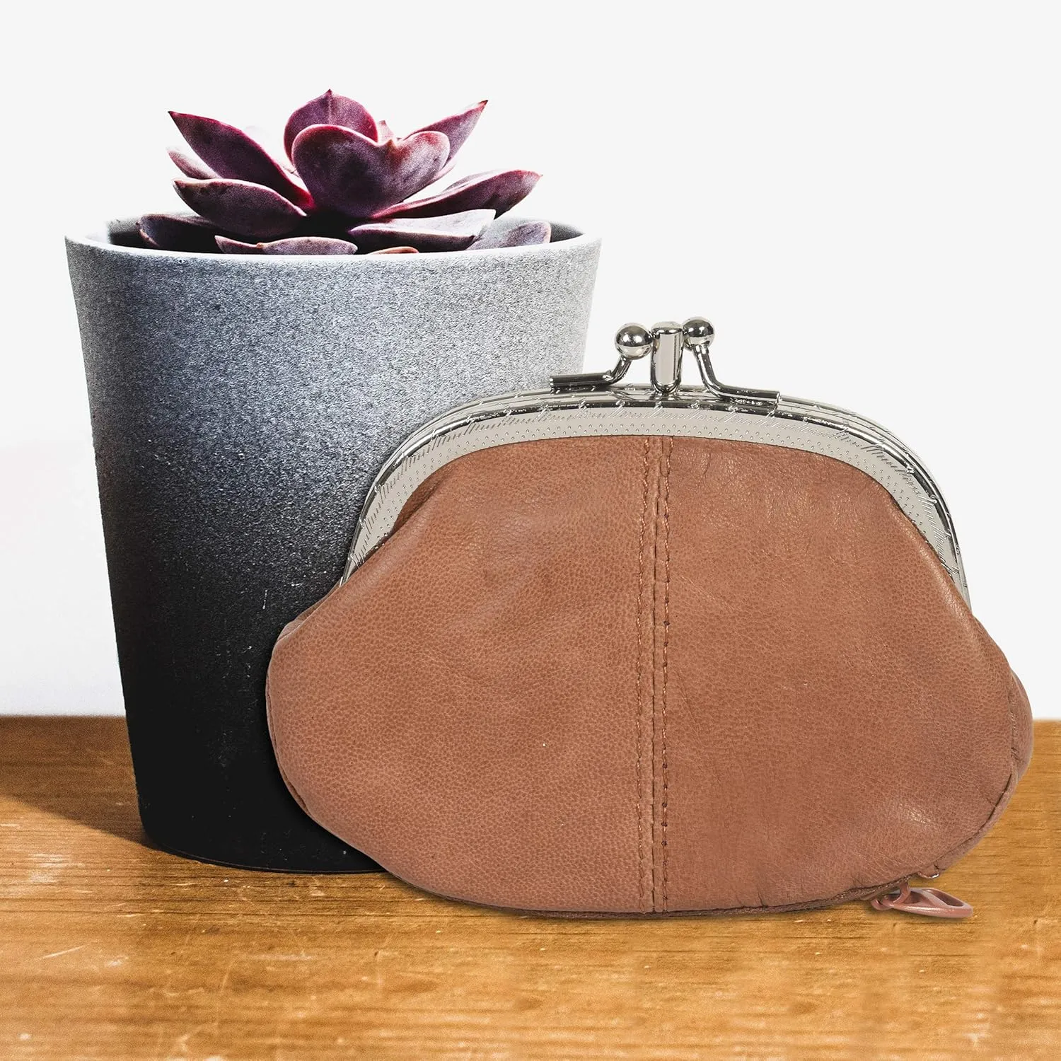 LeatherBoss Coin Purse Double Frame With Zipper Pocket (Tan)