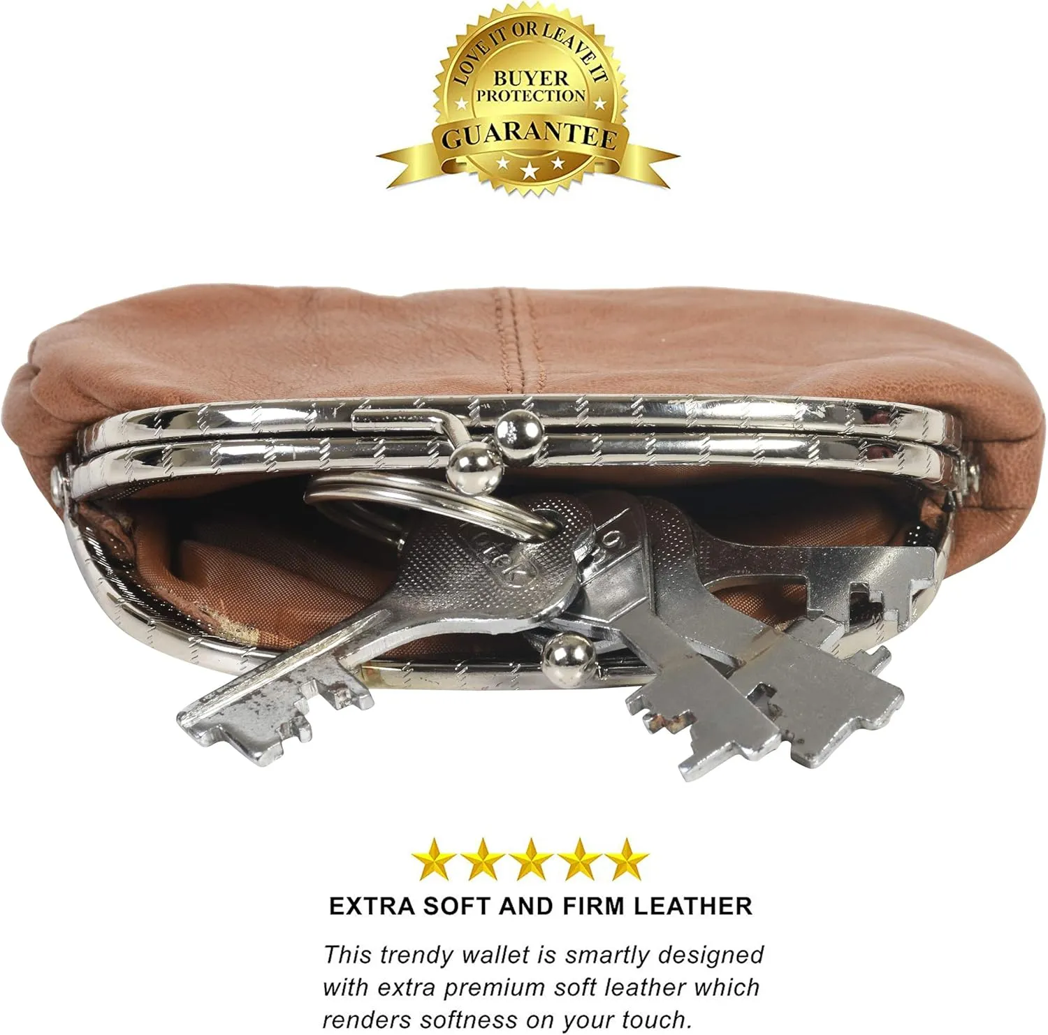 LeatherBoss Coin Purse Double Frame With Zipper Pocket (Tan)