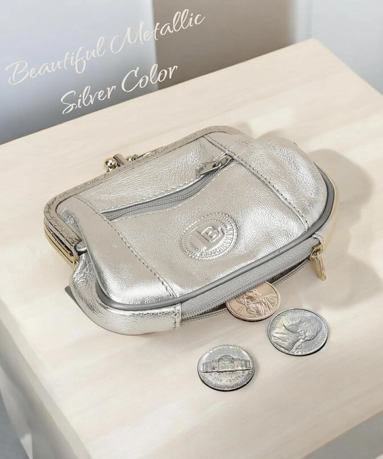 Leatherboss Genuine Leather Double Frame Coin Purse Wallet with Zipper Pocket