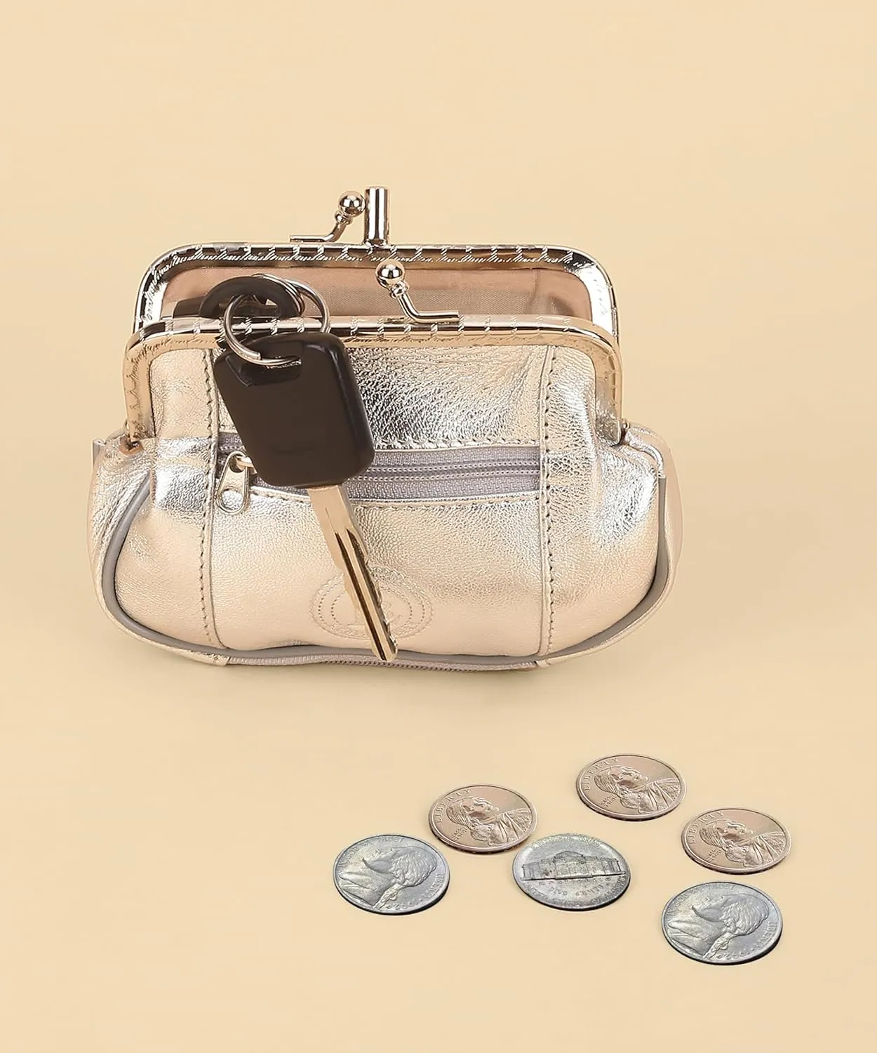 Leatherboss Genuine Leather Double Frame Coin Purse Wallet with Zipper Pocket