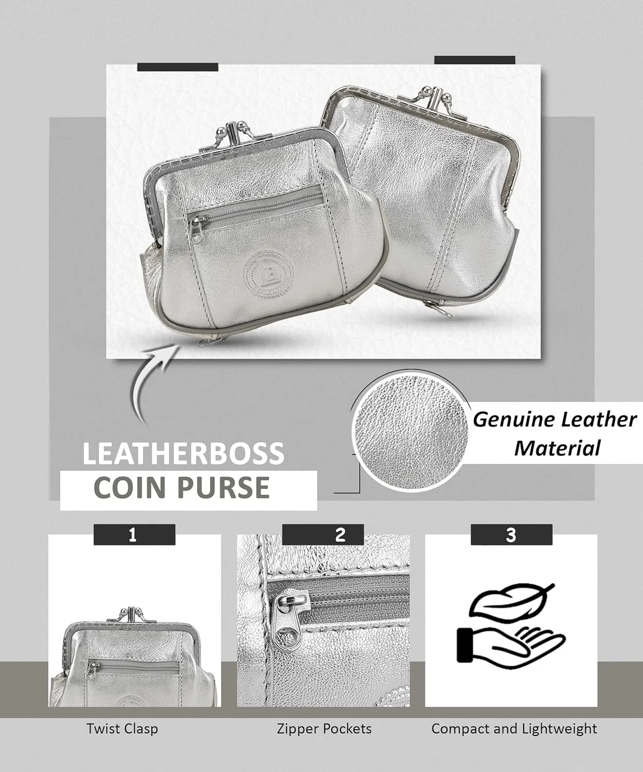 Leatherboss Genuine Leather Double Frame Coin Purse Wallet with Zipper Pocket