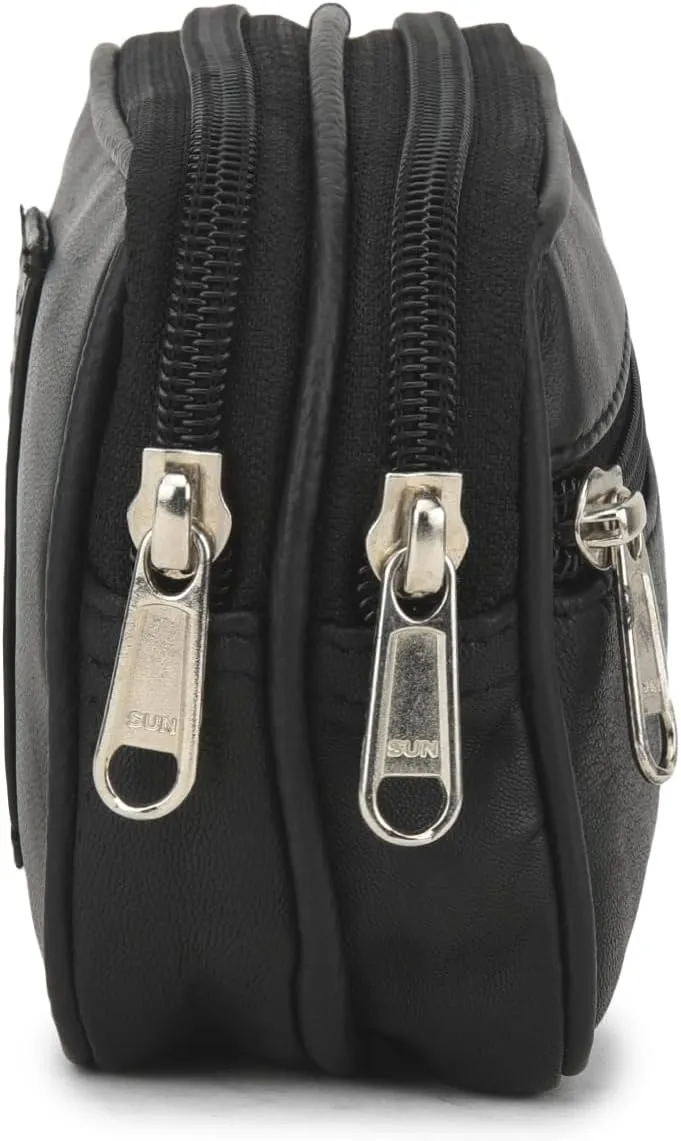 Leatherboss Genuine Leather Travel Outdoor Hiking Belt Pouch with Zipper Pocket Wallet for men women (Black)